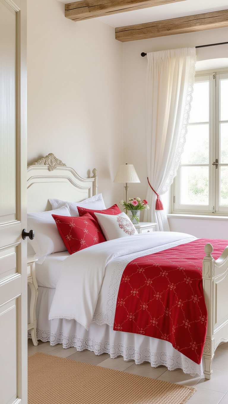 French Country Red and White Bedroom