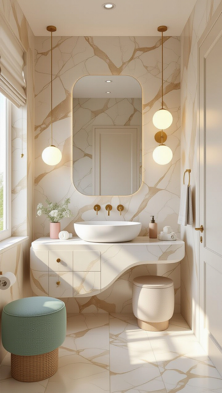 Fun Whimsical Beige Marble Bathroom