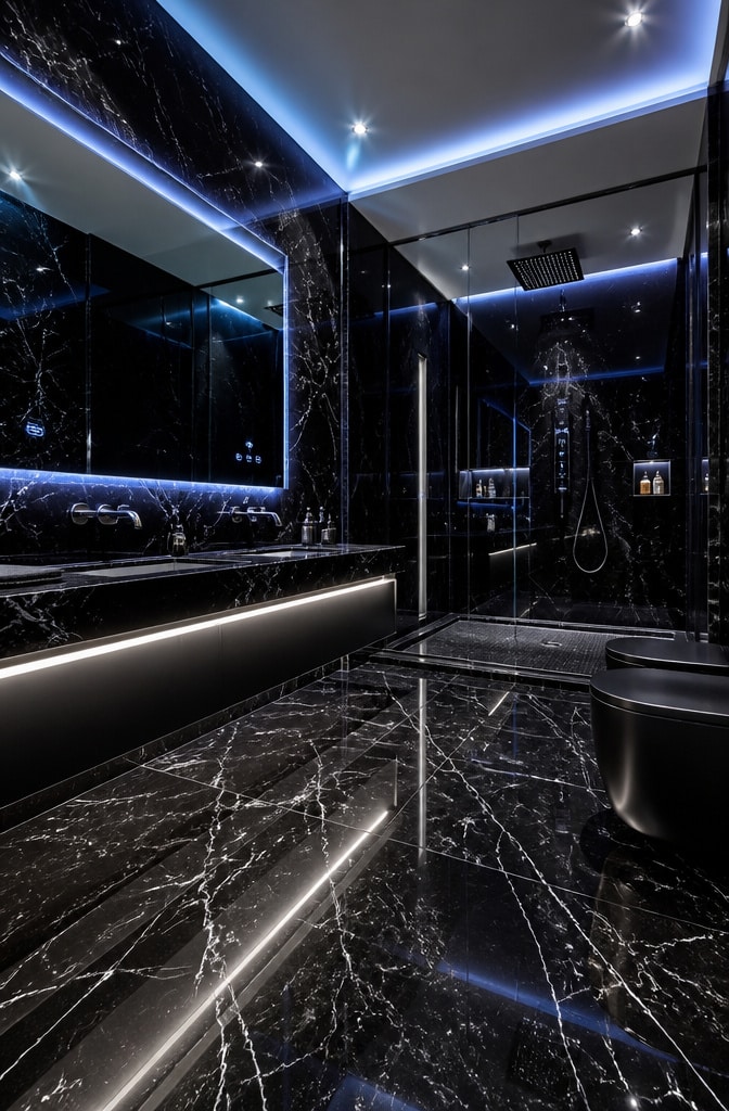 Futuristic Black Marble Bathroom Design