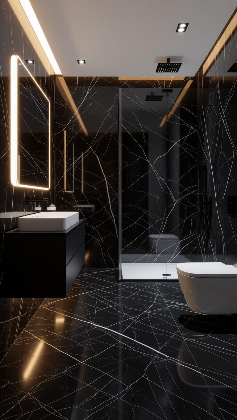 Futuristic Dark Marble Bathroom Design