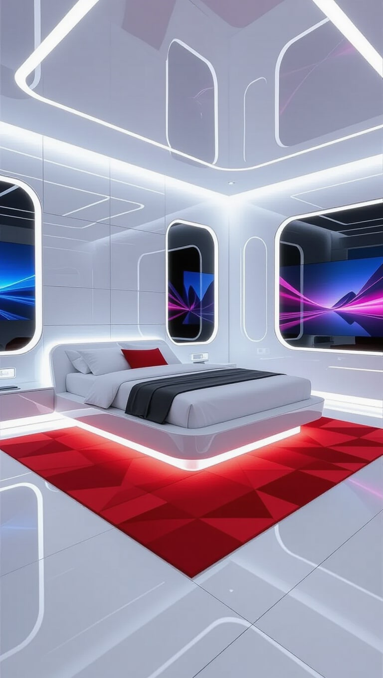 Futuristic Red Rug Minimalist Bedroom