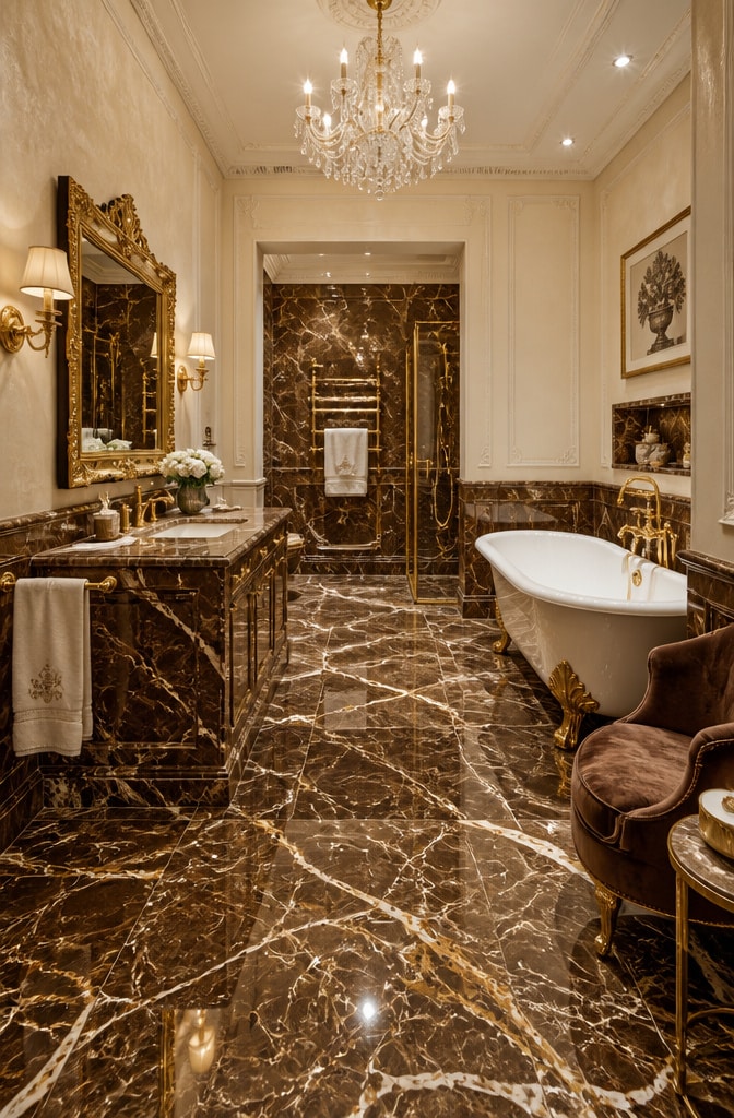 Glam Brown Marble Bathroom with Gold Highlights