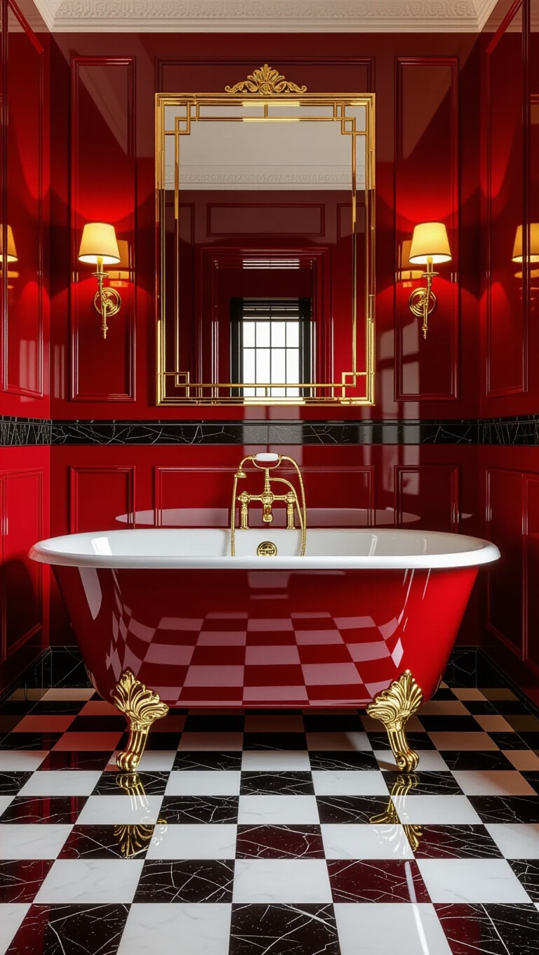 Glam Red and Gold Art Deco Bathroom