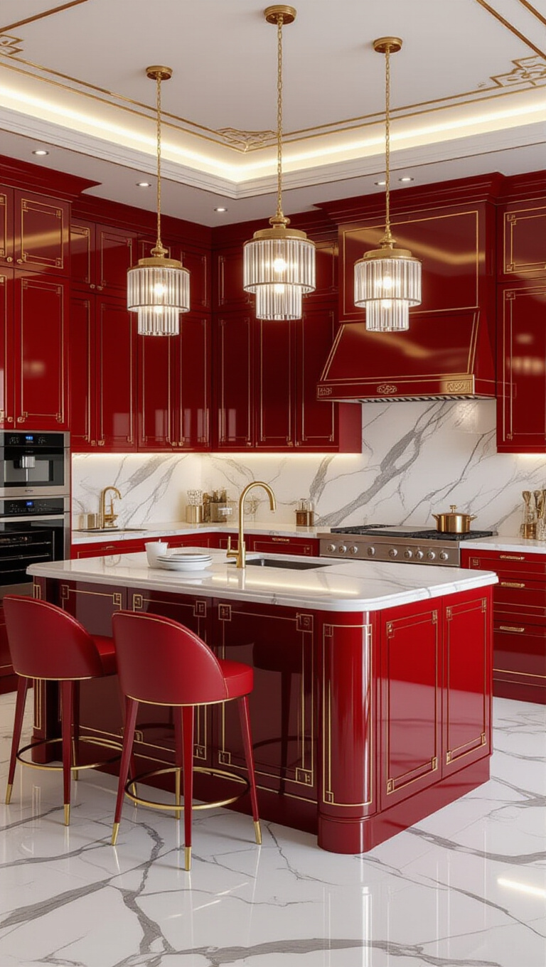 Glamorous Art Deco Red and White Kitchen