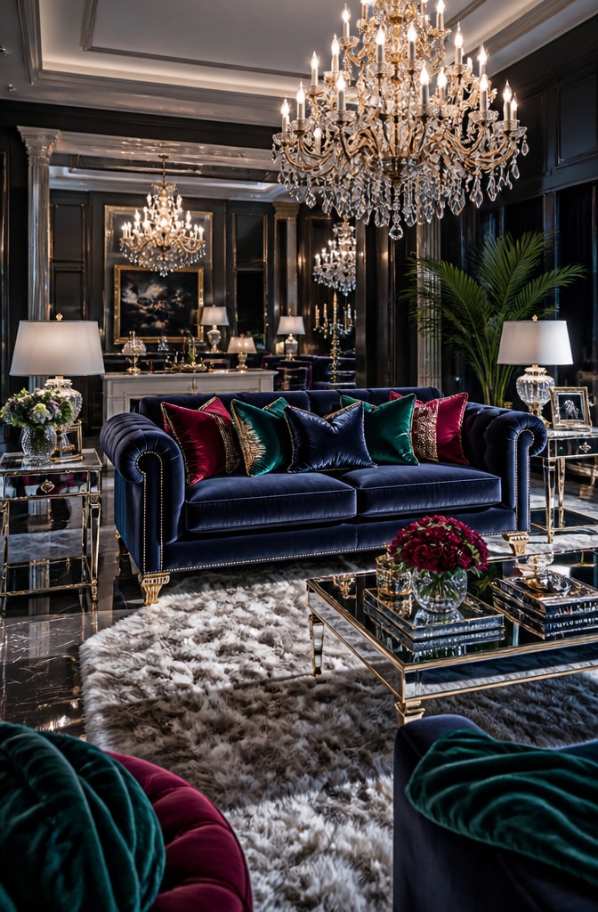 Glamorous Navy Blue Velvet Couch Living Room
