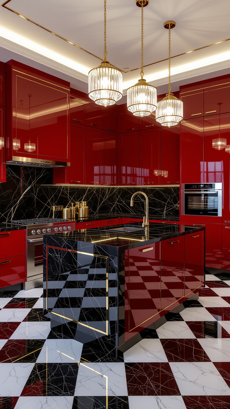 Glamorous Red and Gold Art Deco Kitchen