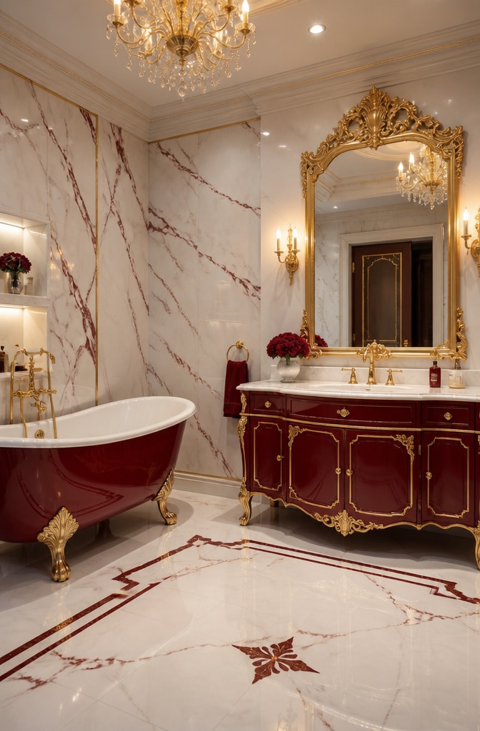 Glamorous Red and White Bathroom with Gold Accents