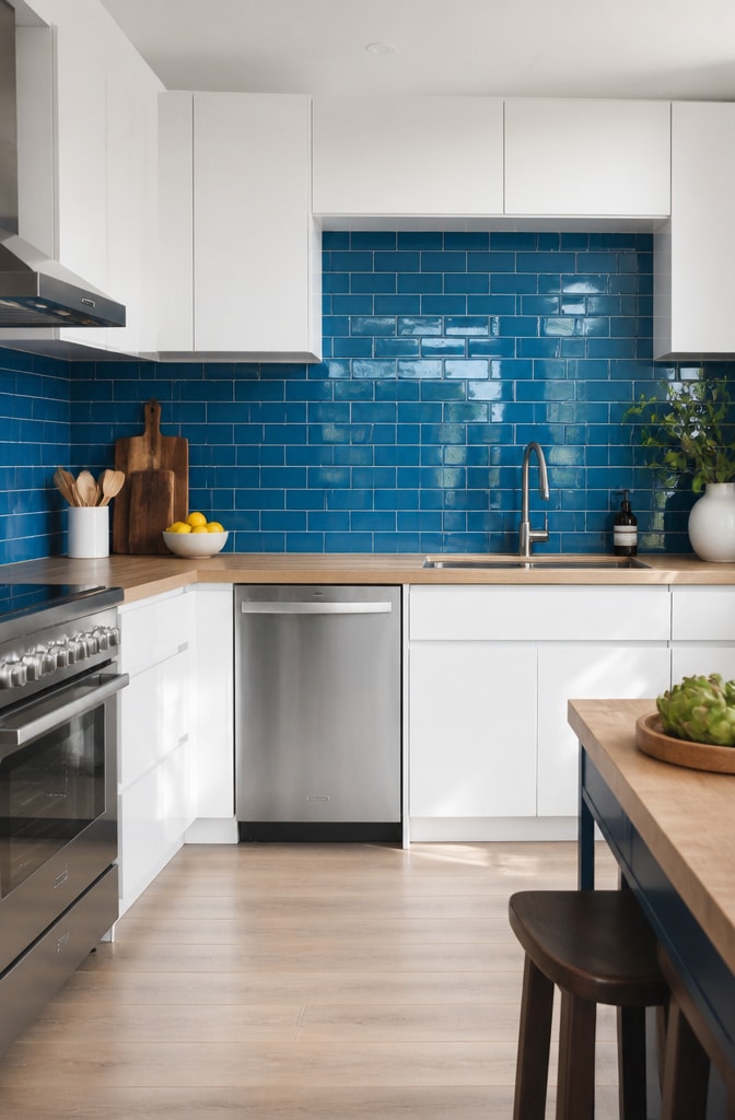 Glossy Blue Glass Tile Splashback