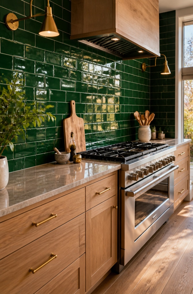 Glossy Emerald Green Subway Tile Splashback