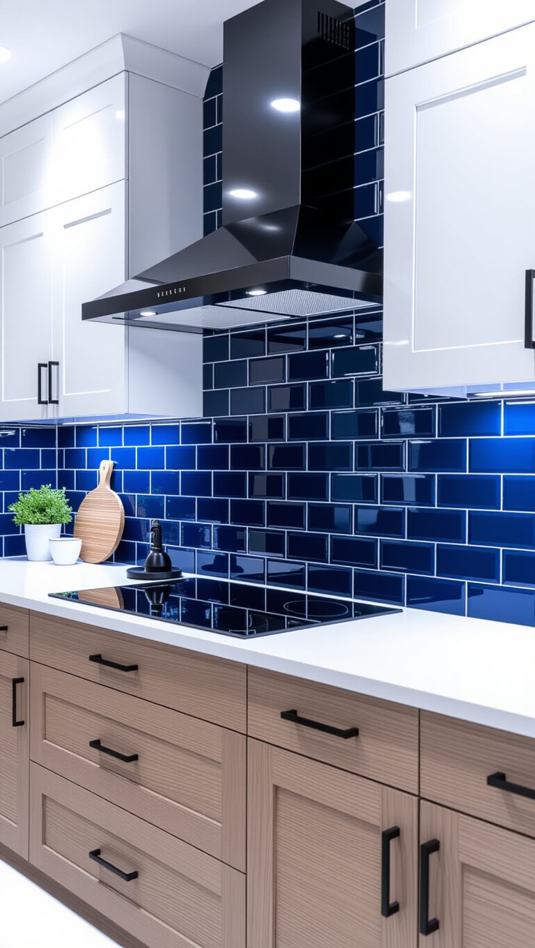 Glossy Navy Blue Subway Kitchen Tiles