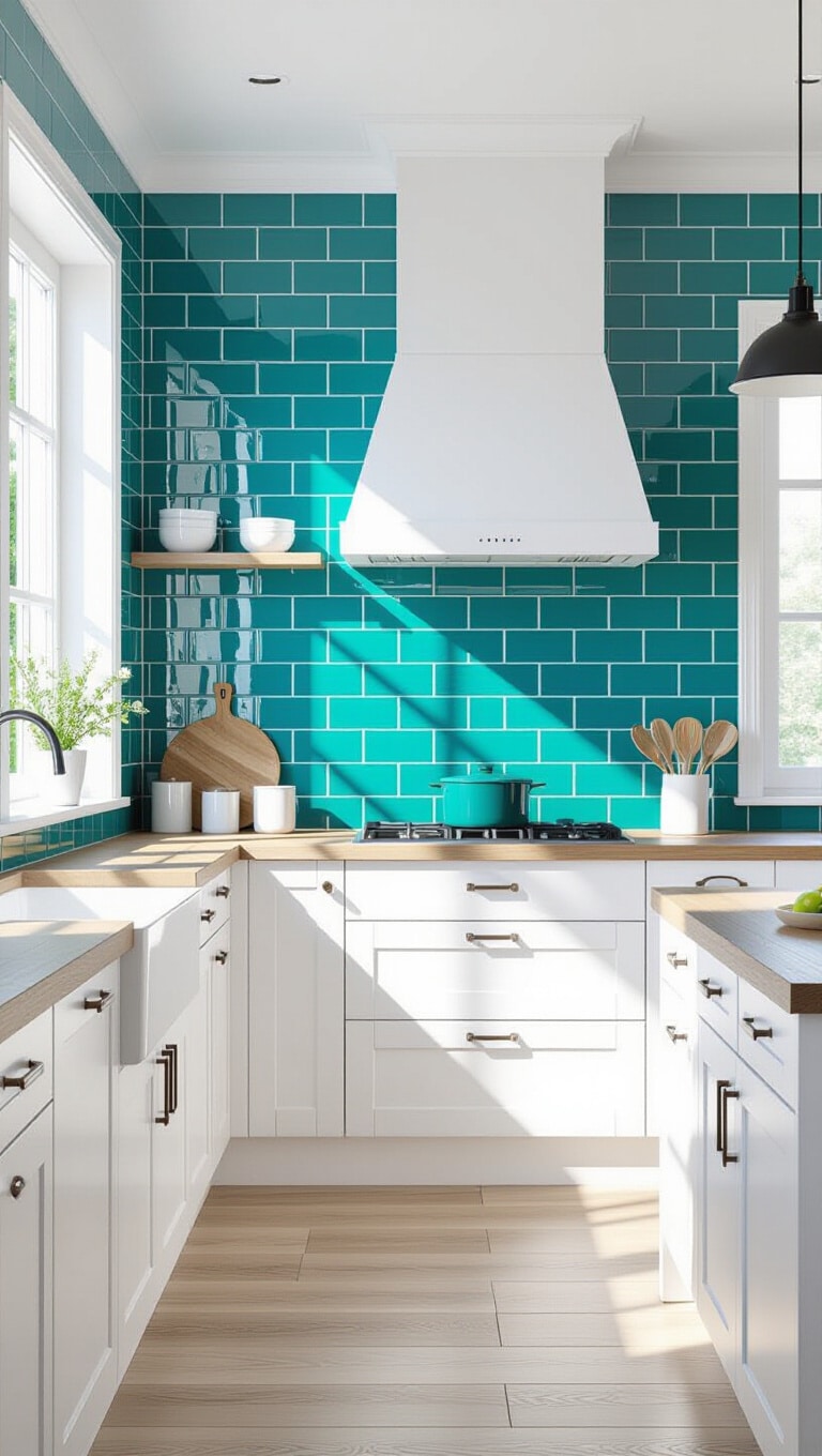 Glossy White Subway Tiles with Colored Grout
