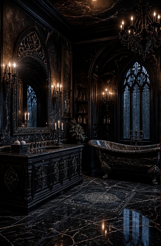 Gothic Black Marble Bathroom with Dramatic Lighting