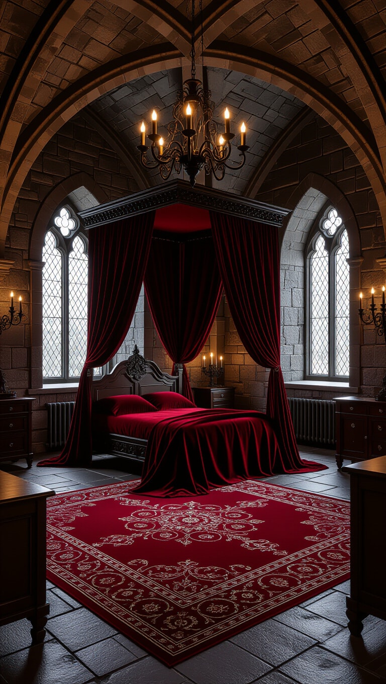 Gothic Red Rug Medieval Bedroom