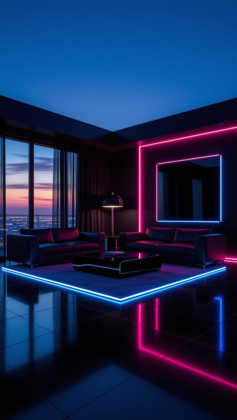 High-Contrast Black and Neon Living Room