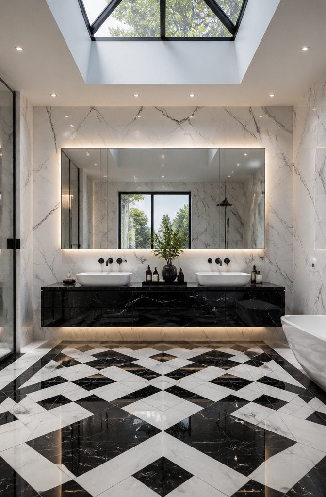 High-Contrast Black and White Marble Bathroom with Graphic Tiles