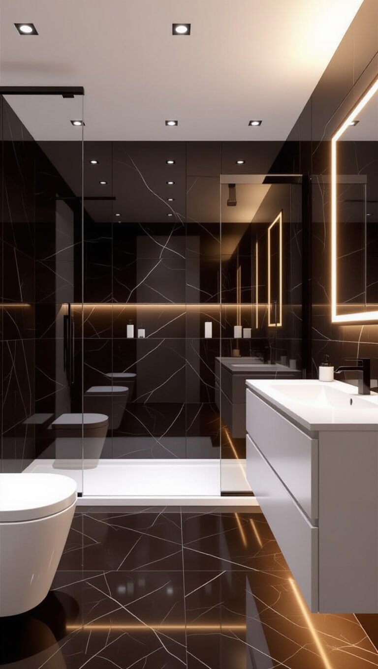 High-Contrast Dark Brown and White Tile Bathroom