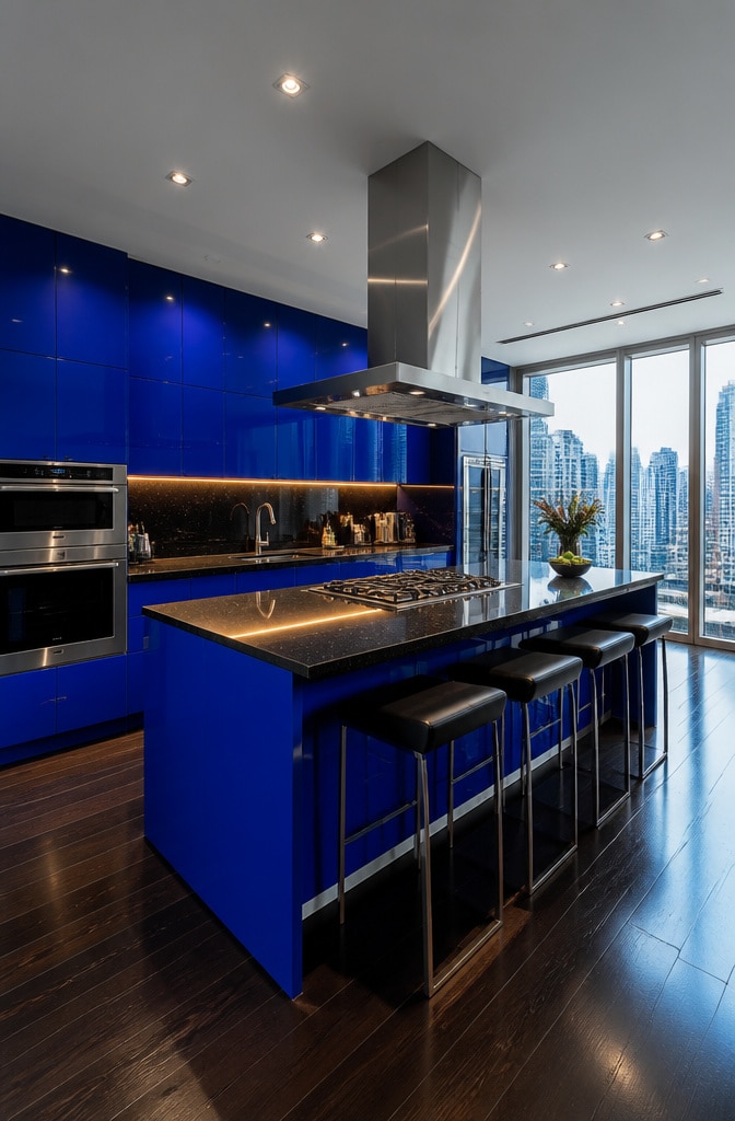 High-Gloss Electric Blue Contemporary Kitchen