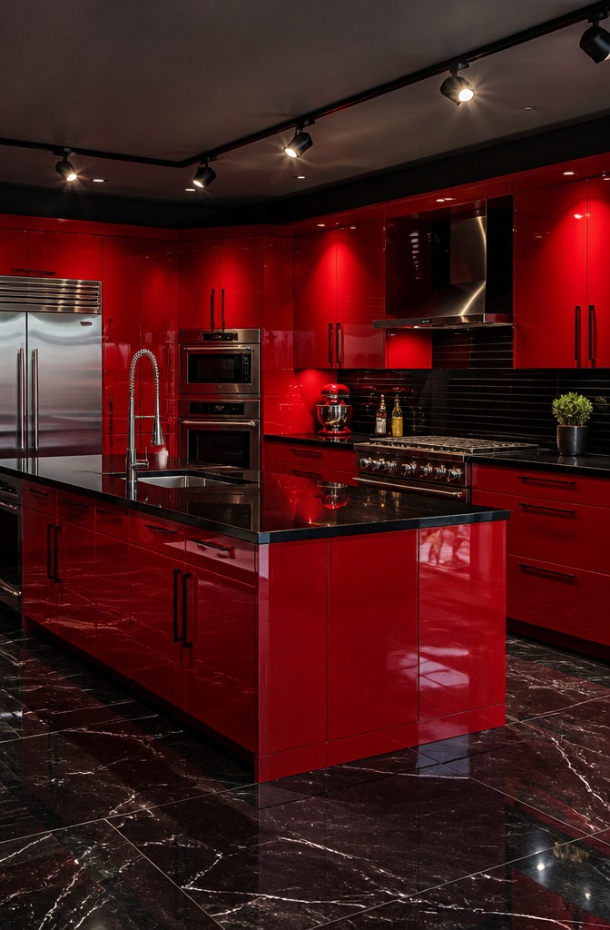 High-Gloss Fire Engine Red Cabinets with Black Accents