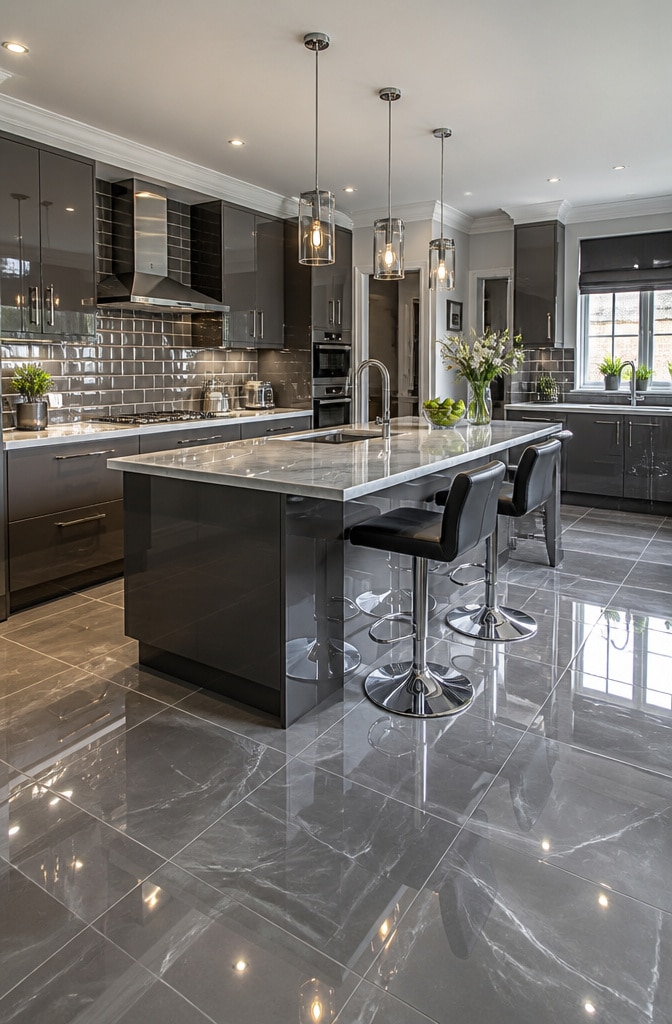 High-Gloss Grey Reflective Tile Kitchen