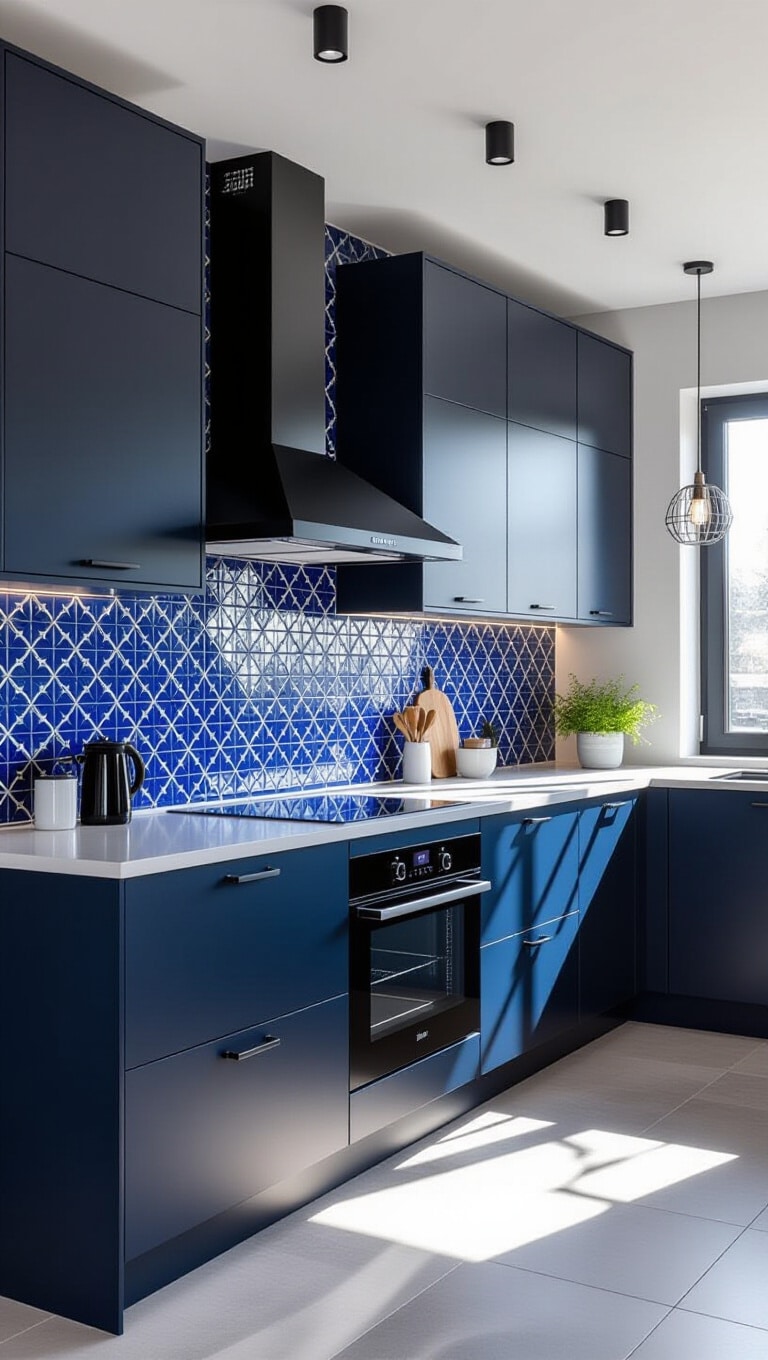 Indigo Blue Glossy Patterned Kitchen Tiles