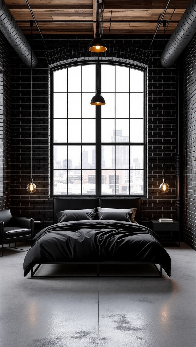 Industrial Black Loft Bedroom