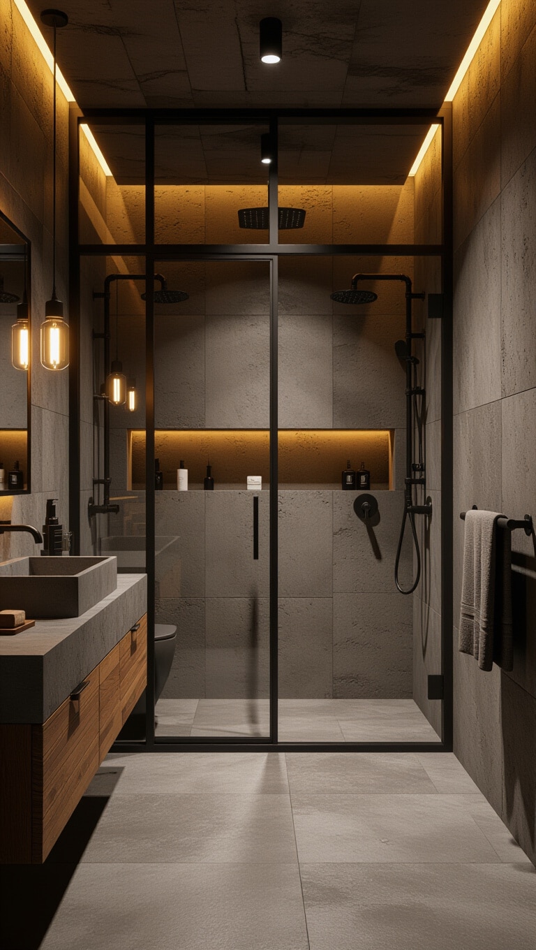 Industrial Black Steel and Brown Concrete Bathroom