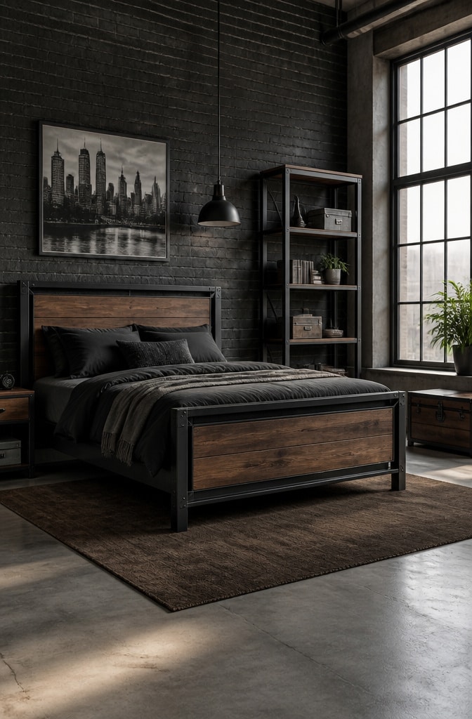 Industrial Black Steel and Walnut Brown Bedroom