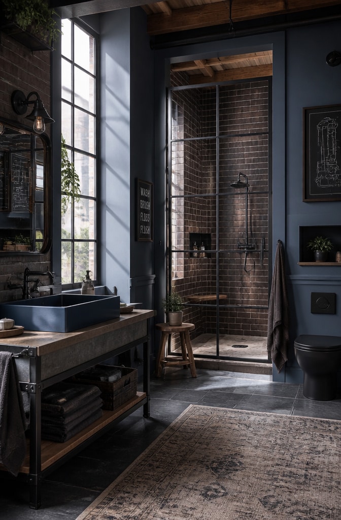Industrial Blue and Brown Loft Bathroom