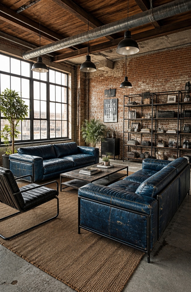 Industrial Blue Leather Loft Living Room