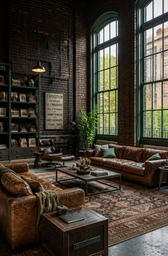 Industrial Brown and Green Loft Living Room