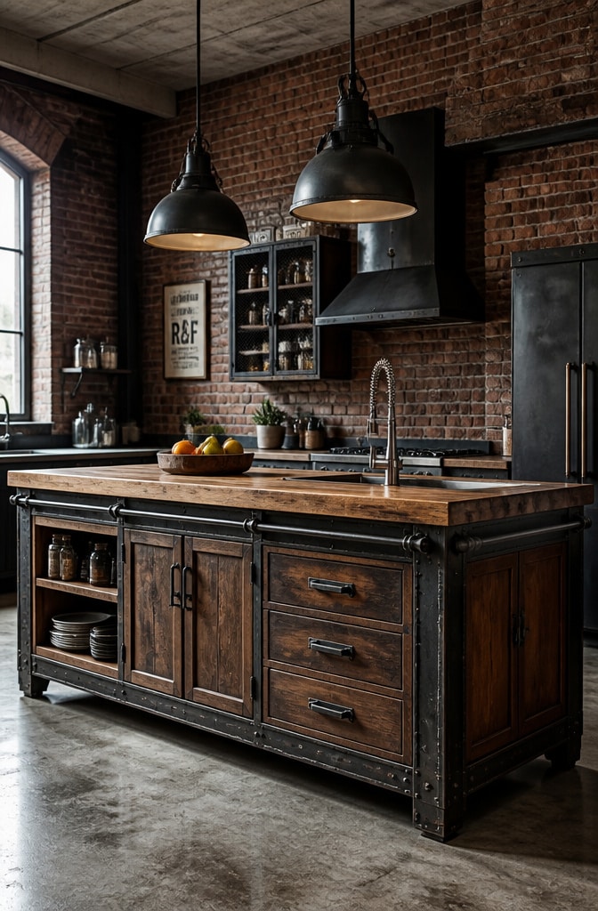 Industrial Brown Kitchen Island with Metal Accents