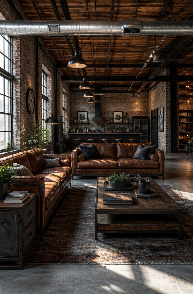 Industrial Brown Leather and Metal Living Room