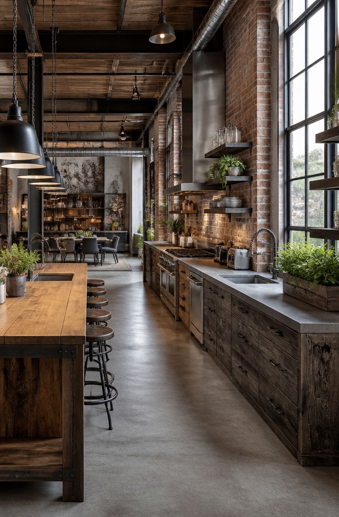 Industrial Brown Wood Loft Kitchen