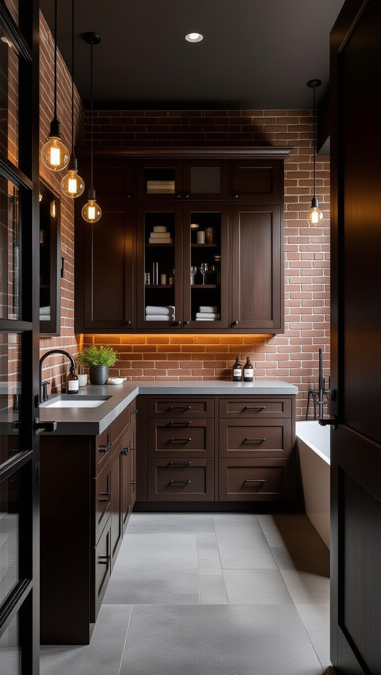 Industrial Chic Bathroom with Brown Cabinets