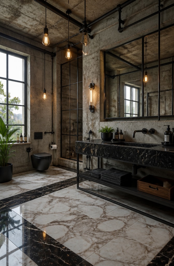 Industrial Chic Black and White Marble Bathroom