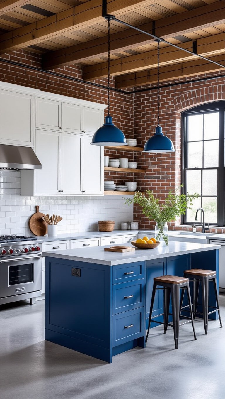 Industrial Chic Blue and White Kitchen