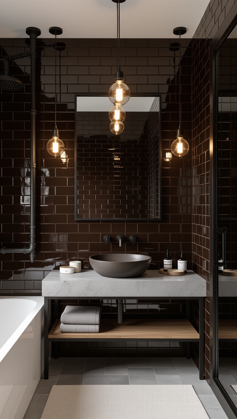 Industrial Chic Dark Brown Tile Bathroom