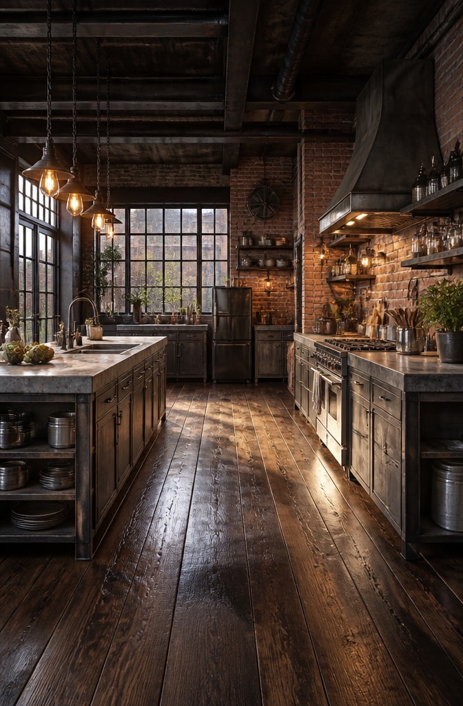 Industrial Chic Kitchen Featuring Dark Brown Floors