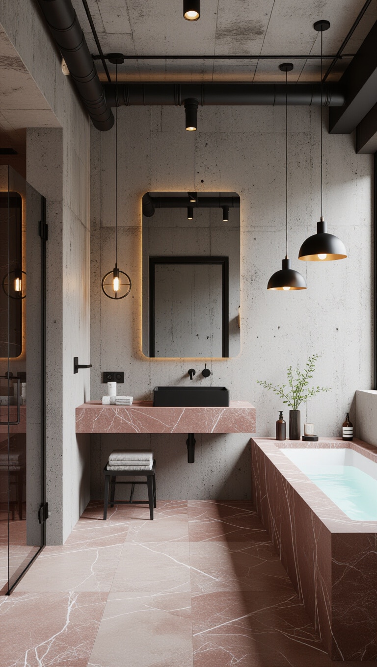 Industrial Chic Red Travertine Bathroom