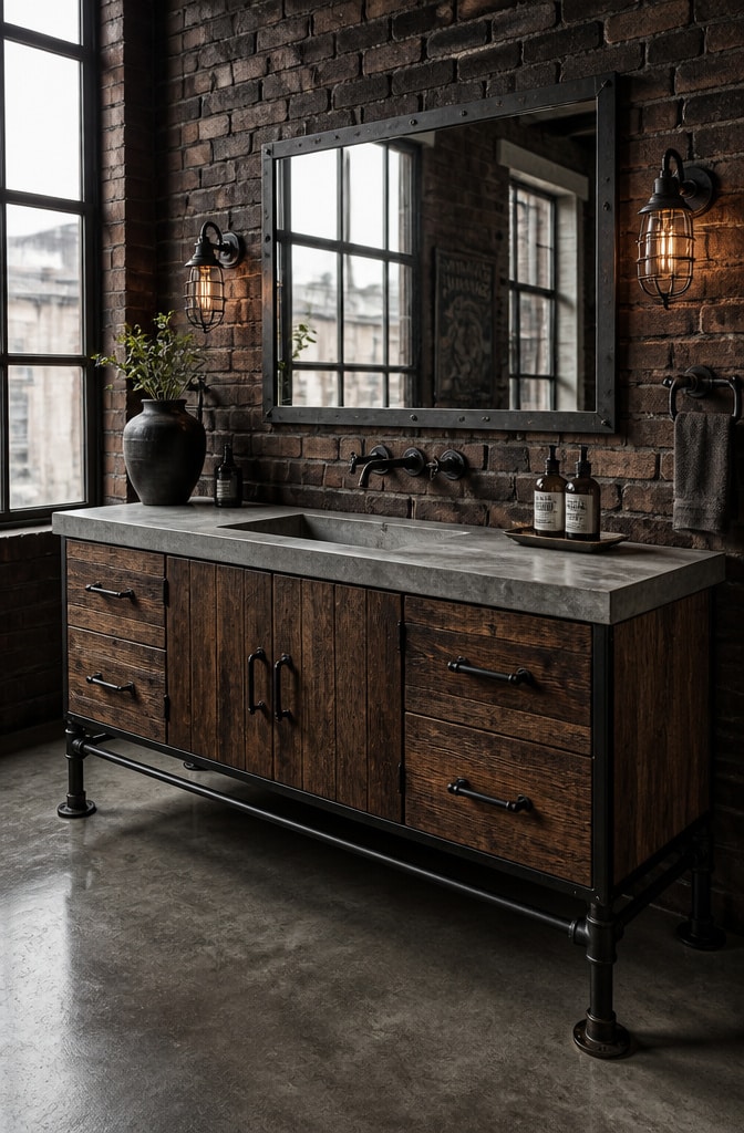 Industrial Dark Brown Vanity with Metal Accents
