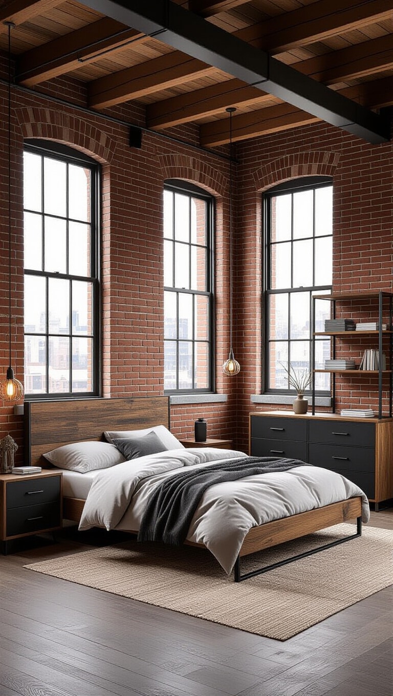 Industrial Dark Wood Loft Bedroom