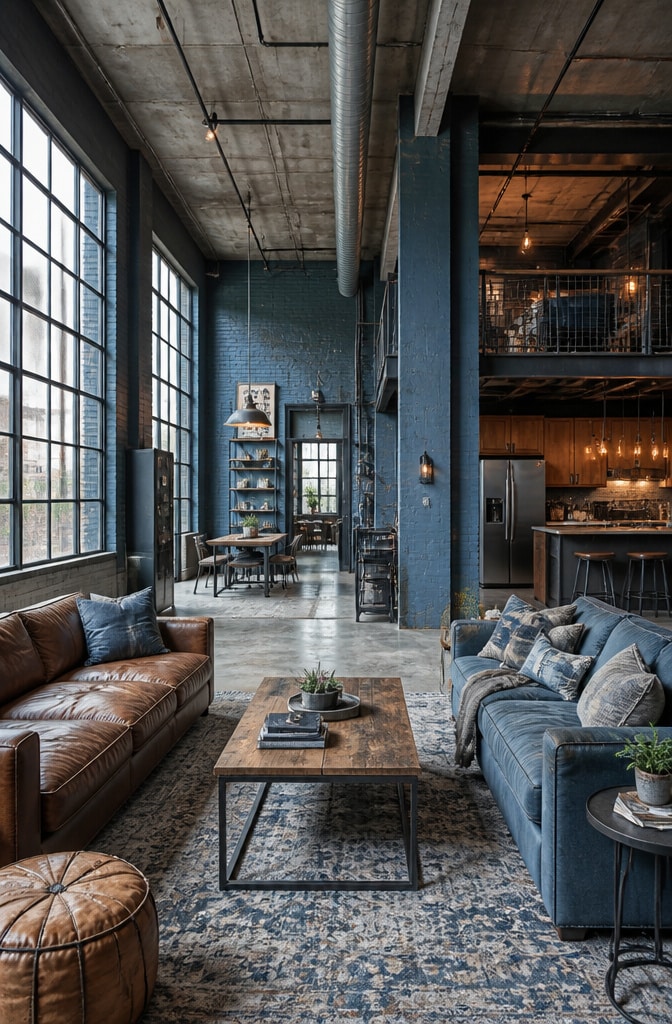 Industrial Dusty Blue Loft Living Room