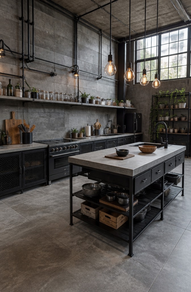 Industrial Grey Concrete Tile Kitchen