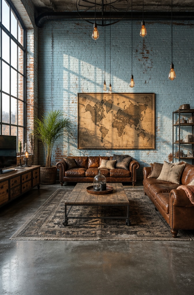 Industrial Light Blue and Weathered Brown Living Room