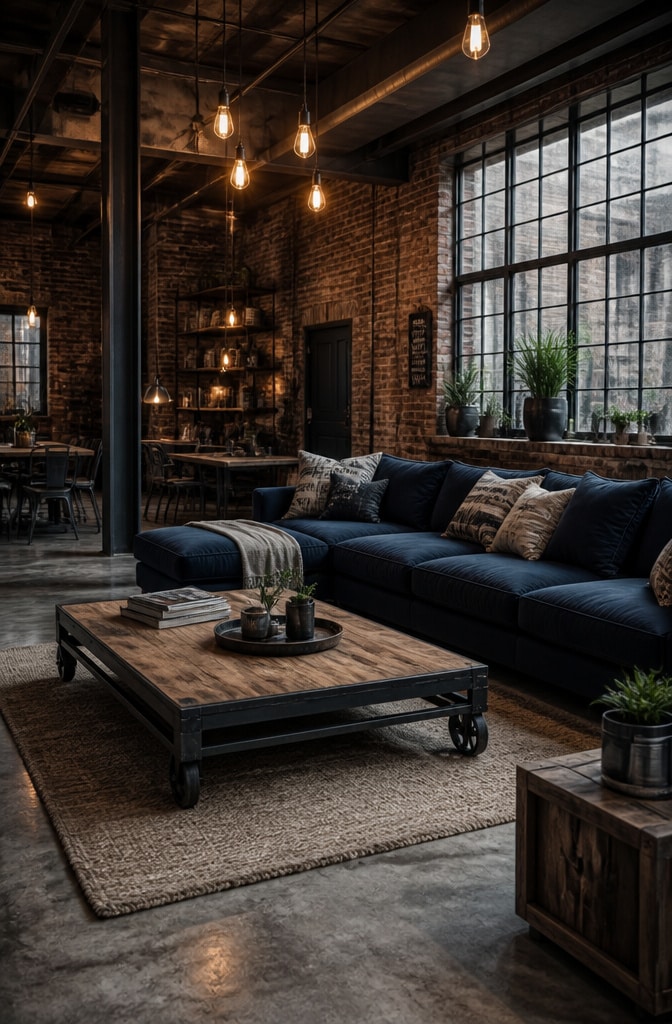 Industrial Loft Navy Blue Couch Living Room