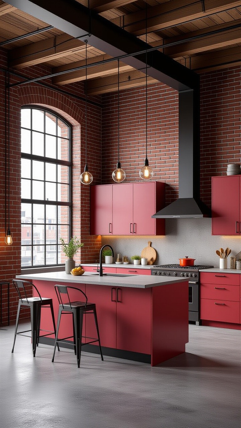 Industrial Loft Pink and Red Kitchen