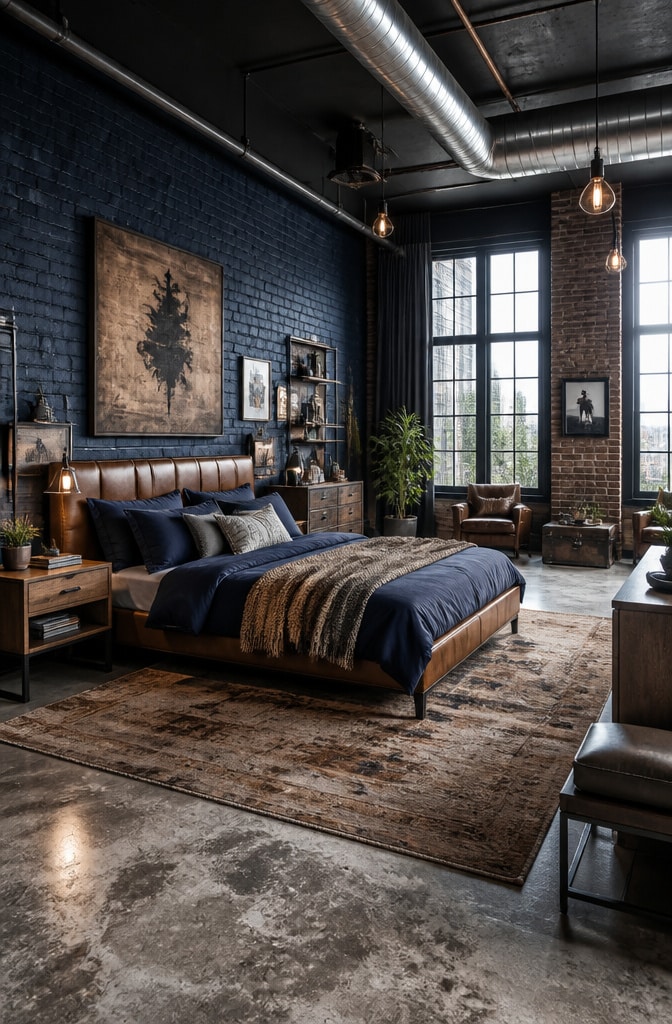 Industrial Navy and Brown Loft Bedroom