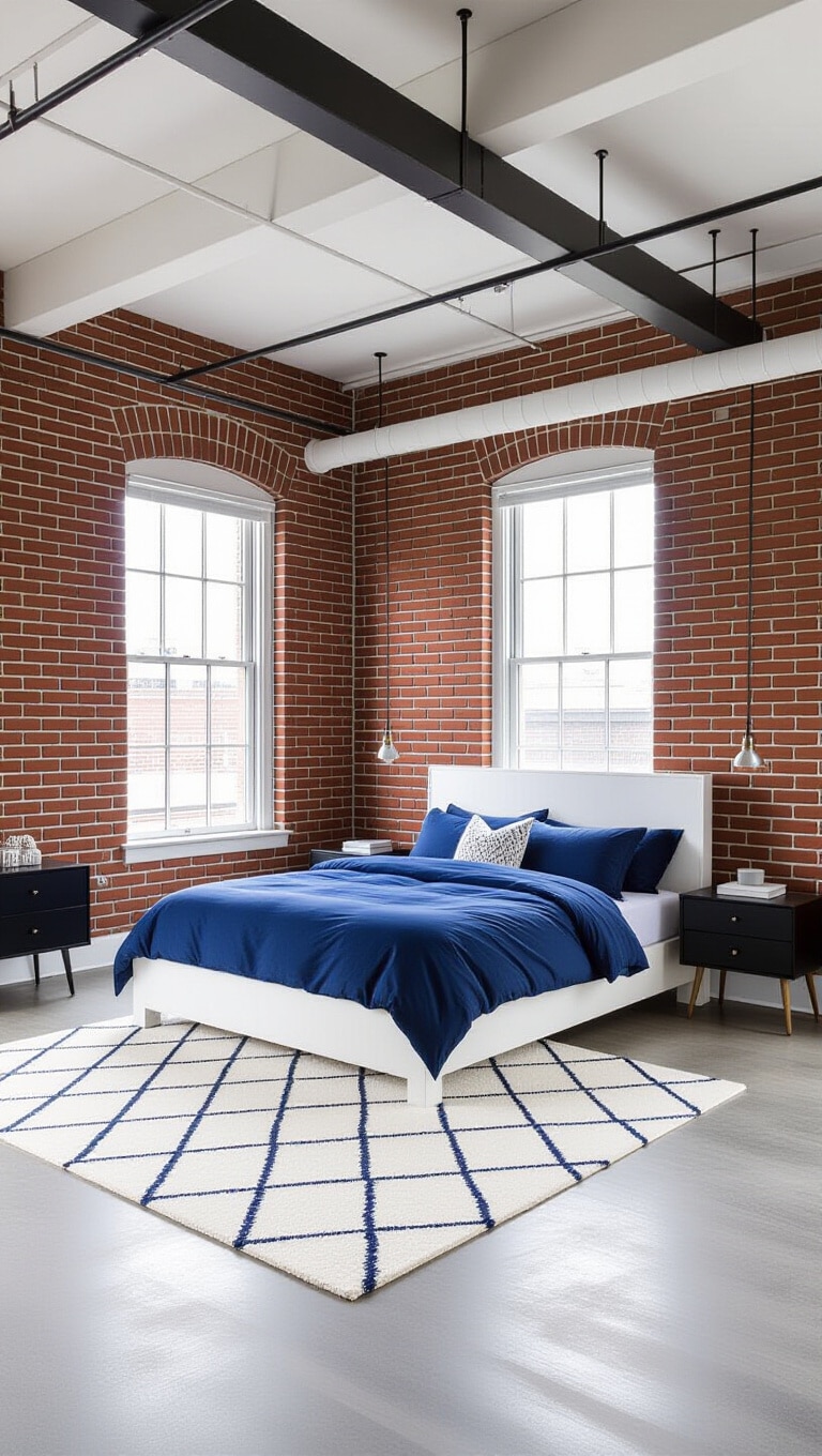 Industrial Navy Blue and White Loft Bedroom