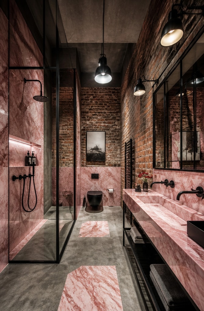 Industrial Pink Marble Loft Bathroom