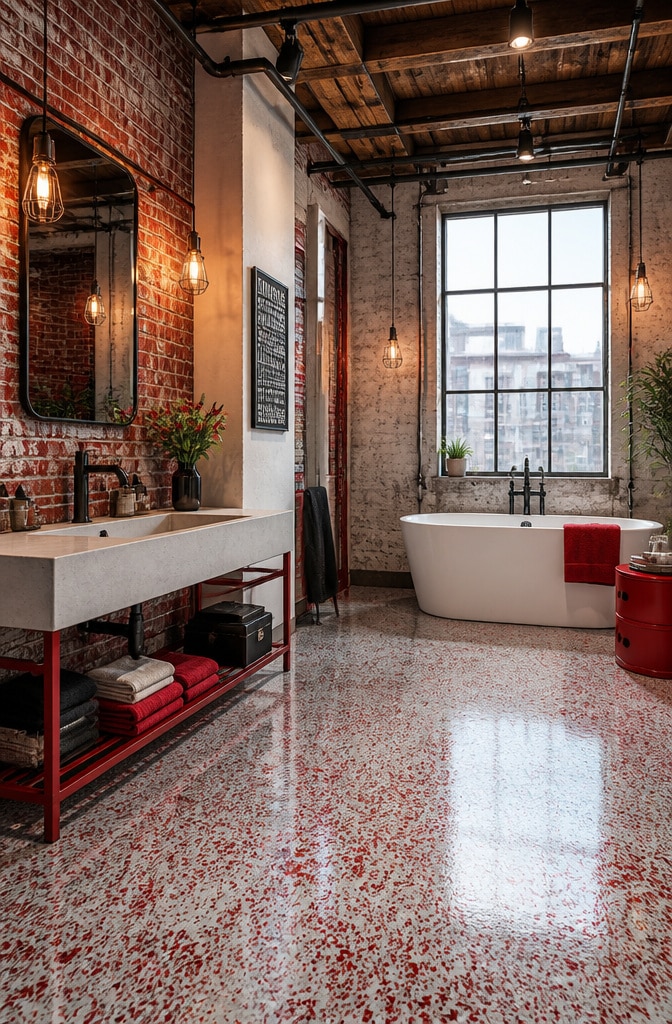 Industrial Red and White Loft Bathroom